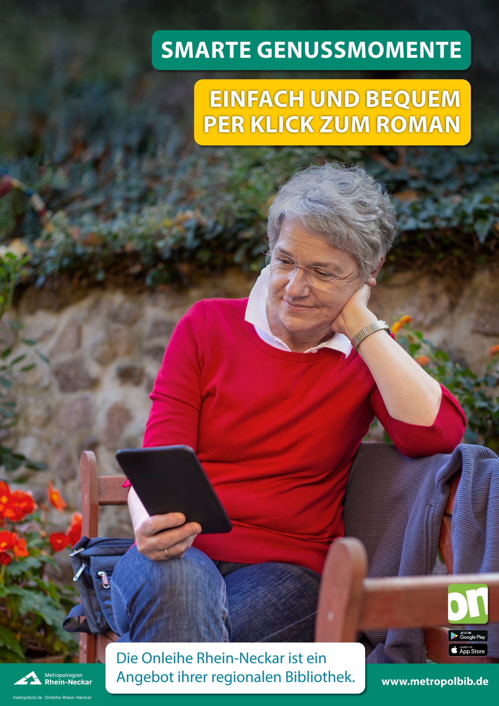 Dame mit Tablet im Garten